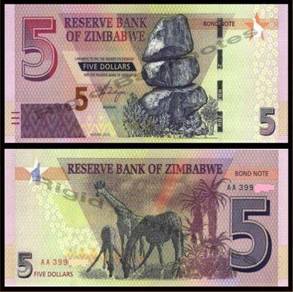Zimbabwe 5 Dollars 2016  AA  -  unc