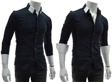 P0533 Unique Collar Button Blue Long Sleeve Shirt