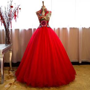 Red chinese wedding bridal gown sleeveless