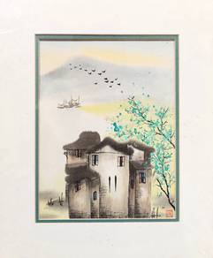 Watercolor Village & Coastal Scene with Seal
