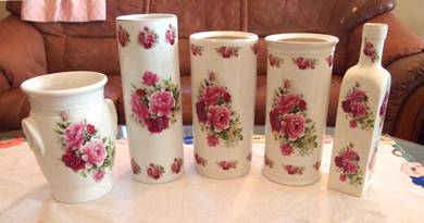 LOT Tall Vase Collection (Rose Design) - 5 Pieces
