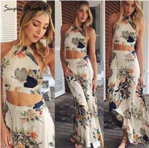 Two piece floral beach top skirt party Prom dress