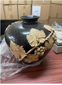 Large Dark Ceramic Vase with Grapevine Design