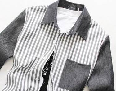 0524 Grey Vertical Stripe Long-Sleeved Shirt