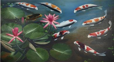 Nine Koi of Eternal Fortune I–Oil Painting Signed