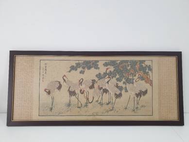 (B636) Vintage Chinese 10 Cranes Stitched Painting