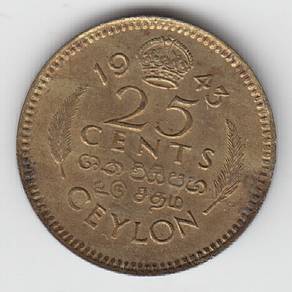 Ceylon 25 cents 1943 KGVI nickel brass coin
