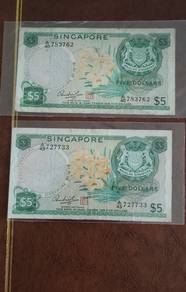 Wang $5 orchid sinapore banknotes 2 pcs