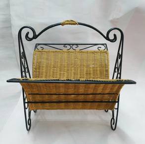 MAGAZINE PAPER Rack Black Metal Woven Wicker Ratta