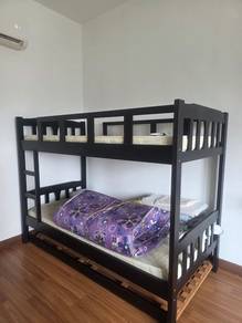 Solid Wood Single Bunk Bed Frame + 2 Mattresses