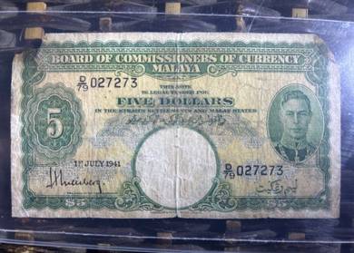 Rare 5 Dollars 1941 British Malaya S.Settlements