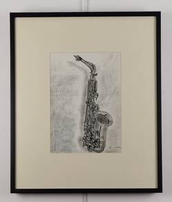 Charcoal Saxophone Drawing II – Framed