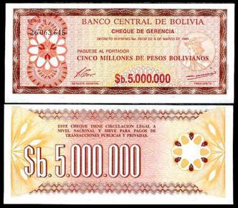 BOLIVIA banknote 5 MIL 5,000,000 PESOS 1985 unc