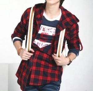 P5100 Red Blue Hoodie Plaid Kemeja Lengan Panjang