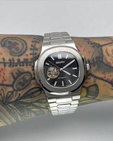 Custom Seiko Mod 40mm Black Open Heart Silver Naut