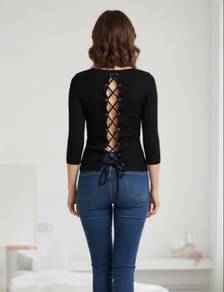 Black Ribbed Top with Lace-Up Back