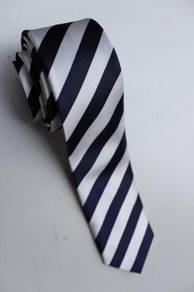 SLIM Navy Blue White #1 Quality Striped Neck Tie