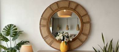 Teak Rattan Round Mirror