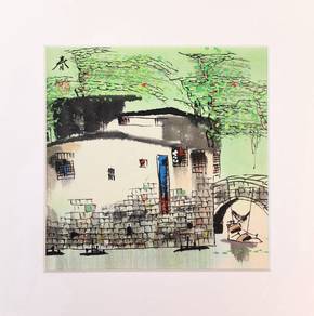 ClearanceRM48 Watercolor Courtyard Village Scene