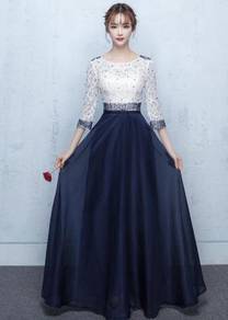 Blue white long sleeve wedding prom gown RBP1346