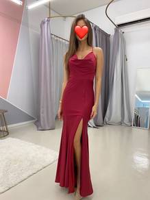 Burgundy Cowl Neck Spaghetti Strap High Slit Gown