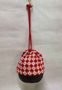 Bamboo Basket Yukata Drawstring Purse Bag Red Kimo