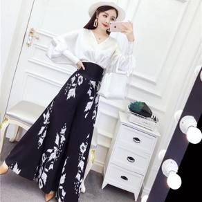 Black white long sleeve office OL formal top pants