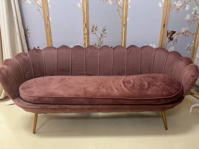 Velvet Scallop Back Sofa with Gold Legs