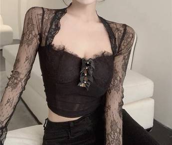 Sexy black lace long sleeve top