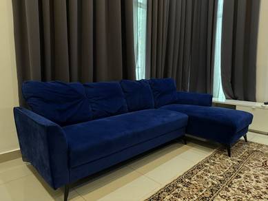 Blue Velvet L-Shaped Sofa