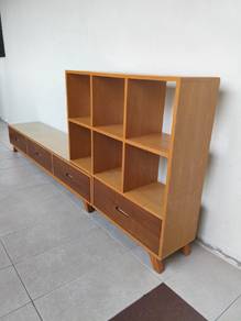 Oak Wooden TV Cabinet with Drawers and Shelves