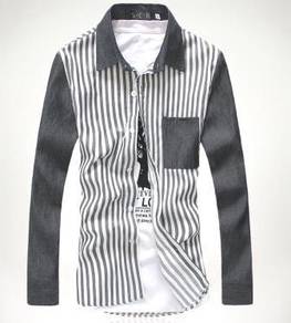 A0524 GREY VERTICAL STRIPE POCKET SHiRT KEMEJA