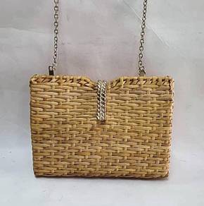 ZARA WOMAN Straw Chainlink Strap Handbag Tan Gold