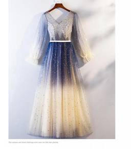 Blue galaxy long sleeve wedding prom dress RBP0988