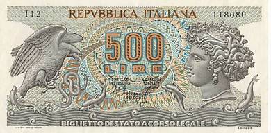 Italy 500 Lire 1966 - Pick 93a  xf