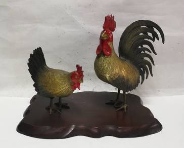 Copper Zodiac Figurine Rooster Set of 2 Chickens C