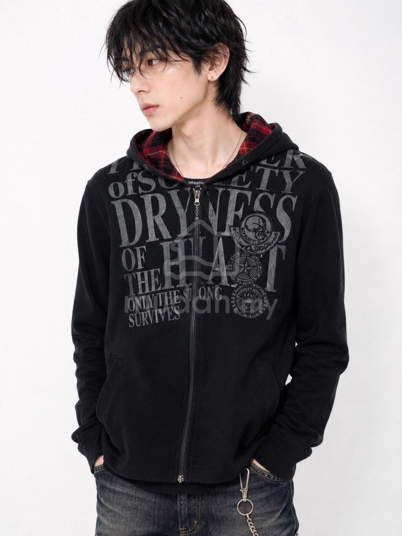 In The Attic Y2K Gothic Plaid Graphic Zip Hoodie - Clothes for