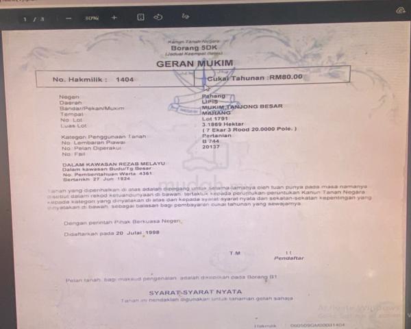 Subject: tanah kebun utk dijual 1
