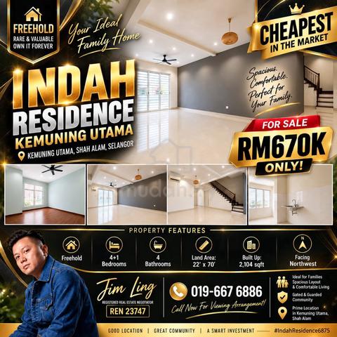 【REOPEN】 CHEAPEST Indah Residence, Kemuning Utama, 22x70 1