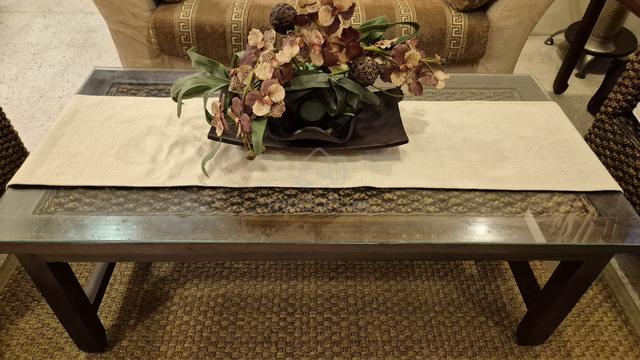 Wooden Coffee Table with Glass Top & Woven Rattan  - photo 5 of 6