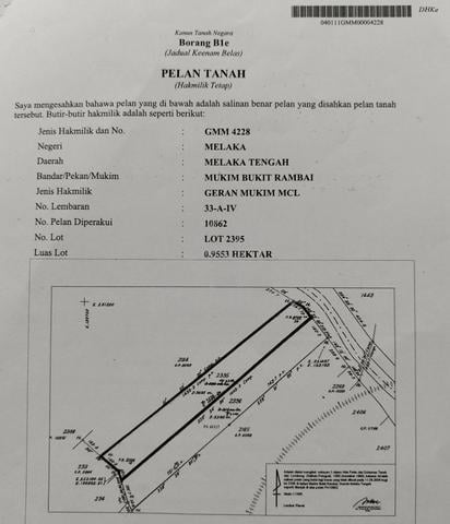 Tanah Freehold 2.36 Ekar Untuk Dijual – Bukit Rambai, Melaka Tengah 1