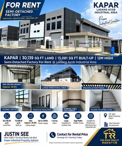 KAPAR | 30,139 SQ FT LAND | 13,081 SQ FT BUILT-UP | Semi-D Factory WTL 1