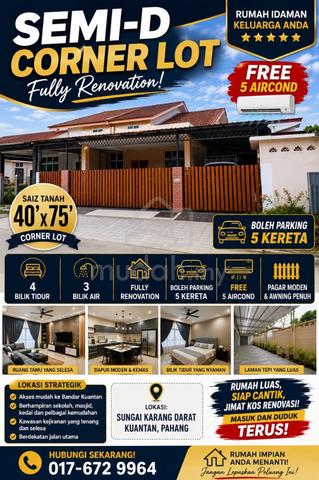 Rumah Semi D Fully Renovated Free 4 aircond – Tanjung Karang, Kuantan 1
