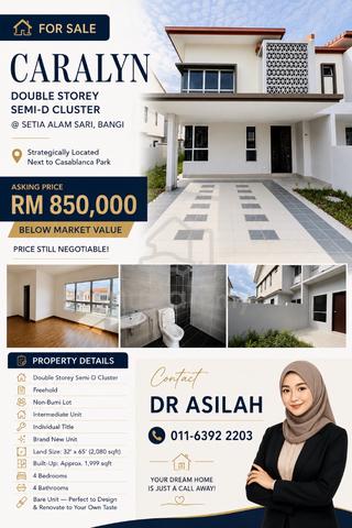 FOR SALE | Caralyn Double Storey Semi-D  @ Setia Alam Sari, Bangi 1