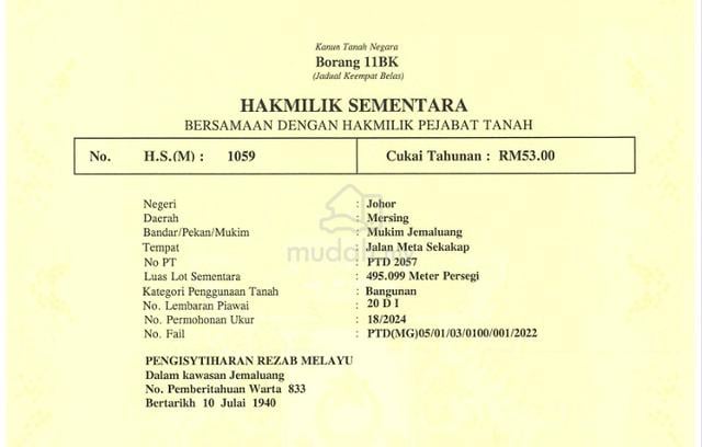 Tanah Lot Geran Individu Jalan Meta, Sri Pantai, Mersing 1