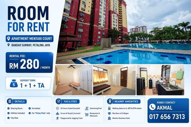 Bilik Murah✅ Mentari Court Bandar Sunway PJ, Furnished✅ City View✅ 1