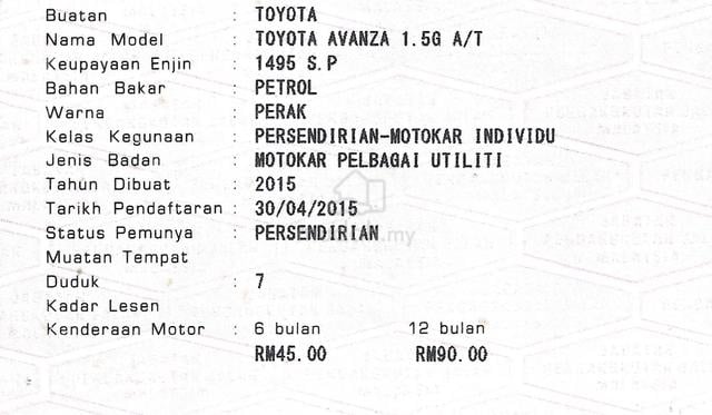 CASH OTR 2015 Toyota AVANZA 1.5 G (A) PUSPAKOM RDY - 2