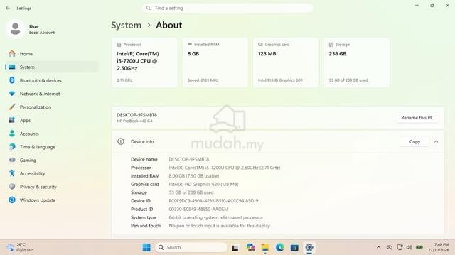 HP ProBook 440 G4
i5-7200U 8GB DDR4 
 128/256GB Nv - photo 5 of 6