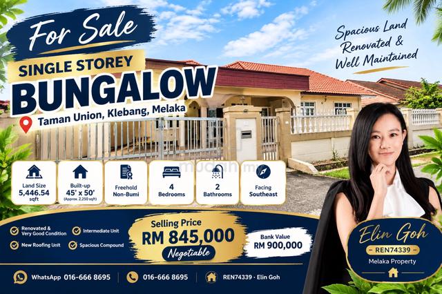 Melaka Klebang Taman Union Single Storey Bungalow Freehold 1