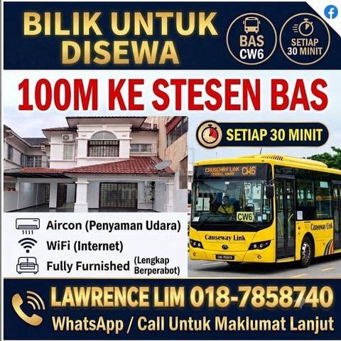Bukit Indah Bilik Untuk Disewa! Hanya 100M ke Stesen Bas CW6! 1
